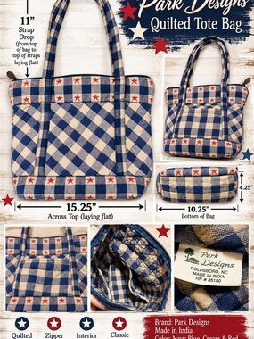 Park Designs Quilted Shoulder Tote in Navy Blue, Cream & Red Star Accent